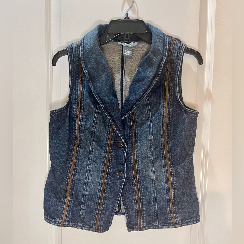 Denim Stretch Vest with Leather Accents Size M